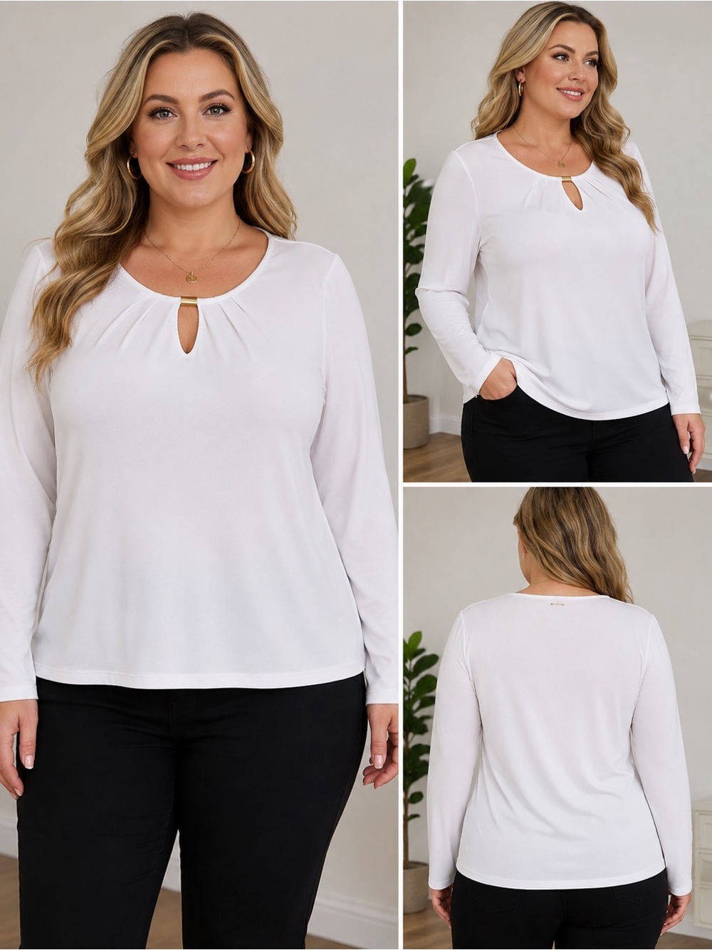 Melanie Lyne White Long Sleeve Keyhole Blouse Women’s XL